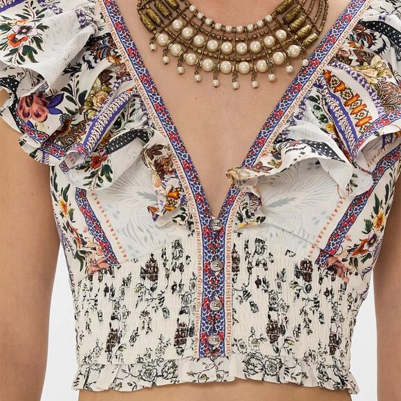 Deep V Frill Short Sleeve Top Cropped Shirt in "My Folk Art Heart" print - Picture 3 of 16